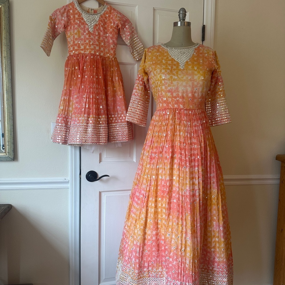 Matching Pink and Orange Dresses Indian embroidered sequin mommy and me